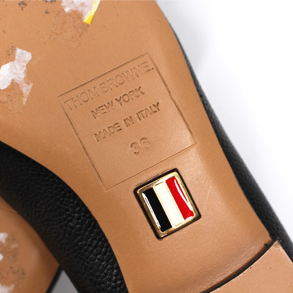 Thom Browne Apron Toe Black Striped Gold Bow Flats 36 Pebbled Leather Shoes - Picture 7 of 7